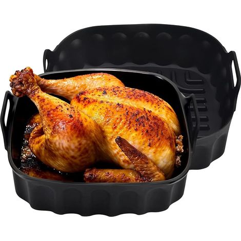 2 Pièces Moule Air Fryer, Plat Silicone Air Fryer avec Poignée, Réutilisable Plat pour Airfryer Noir, aux Friteuses à Air-Chaud, aux Fours à Micro-Ondes et aux Fours Traditionnels