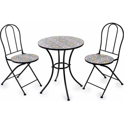 Tavolo e 2 sedie giardino in metallo e ceramica decorata maiolica, ideale per allestimento dehor, vetrine ed eventi, Tavolo: Ø 60 cm x 70 H
