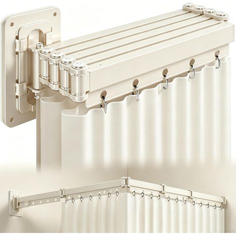 Tringle à rideau de douche à 5 compartiments, 156 cm, sans perçage, rideau de douche avec tringle, rideau de douche pliable pour douche d'angle, douche (blanc crème) (1/5)