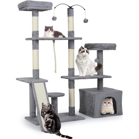 COSTWAY Arbre à Chat XXL Rotatif 136 cm, Condo, Planche et Poteaux à Griffer en Sisal, 7 Plateformes, Arbre a Chat Maine Coon, Pompons, Corde Suspendue, Tissu Peluche, 121 x 70 x 136 cm (Gris Clair) (1/5)