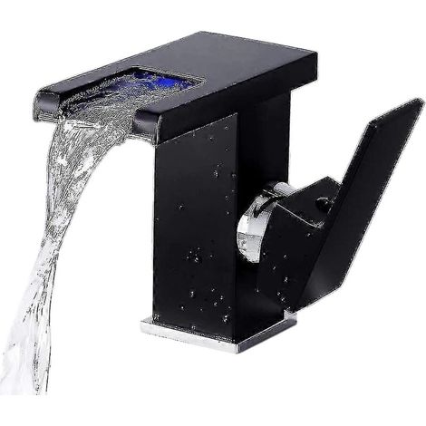 Robinet de salle de bain cascade à LED avec changement de couleur selon la température, robinet de lavabo en laiton chromé noir avec levier latéral et base en cuivre (1/5)