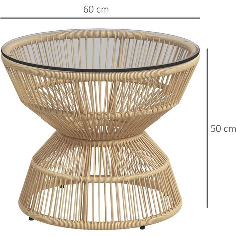 Table d’appoint en rotin Ø60 cm Table basse de jardin avec table de verre trempé Surface de table Bohème,table basse en bois naturel