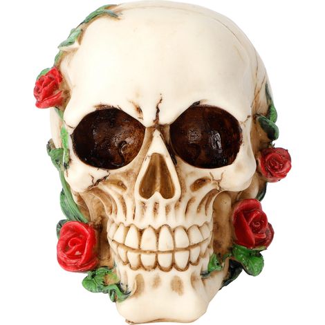 Gruseliger Totenkopf aus Kunstharz mit Rose für festliche Halloween-Dekoration