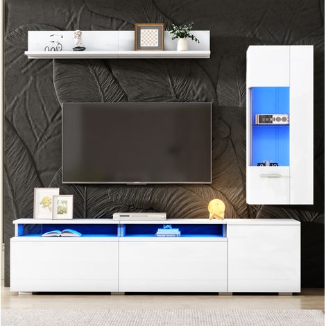 Conjunto mueble TV 180x40x45 cm blanco en MDF, acrílico y vidrio con LED y vitrina modular (1/5)