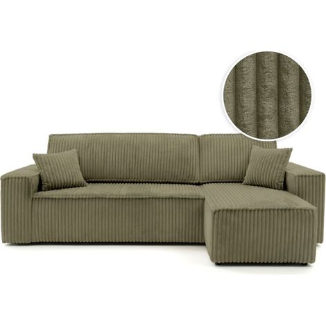 Canapé d'angle convertible et réversible 4 places FARAH en velours cotelé épais - Vert kaki (1/5)
