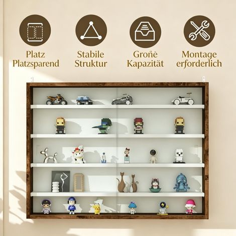 Vitrine murale décorative pour collection, 5 étagères réglables et 2 portes coulissantes, rangement pratique, coloris blanc (1/5)