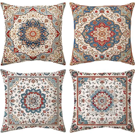 Housse de Coussin 45x45 cm Lot de 4, Canapé Boho Boheme Décoration (Bleu) (1/5)
