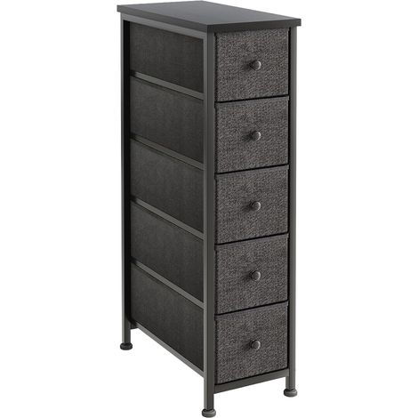 Commode étroite avec 5 tiroirs et étagère ouverte, en tissu fin, table de chevet pour petits espaces, pour salon, chambre à coucher, noir (1/5)