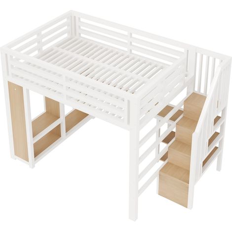 Letto a soppalco in metallo 140x200 cm bianco con scrivania, armadio aperto, scala e LED USB (1/5)