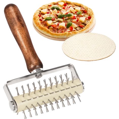 Rouleau à pâte en grille avec pointes - Rouleau à pâtisserie avec poignée en bois - Poignée en bois - Aiguille à pizza - Rouleau à pizza - Pour biscuits, pain, gâteau (1/5)