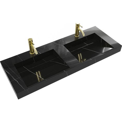 Doppio lavabo sospeso L120,2 x l45,2 x H8 cm in Solid Surface effetto marmo Nero - TAKOTNA