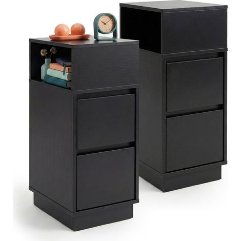 Relaxdays bedside table, set of 2, 2 drawers, 1 open shelf, HxWxD:64 x 24 x 30 cm, black (1/5)