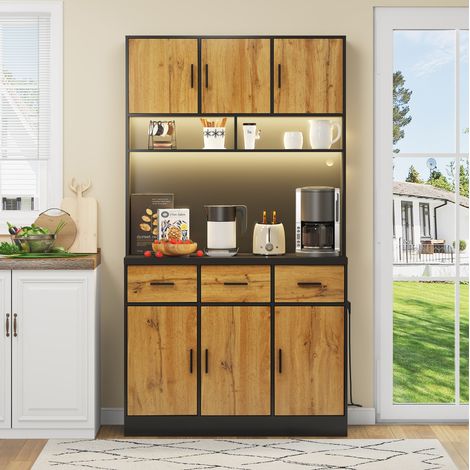 Buffetschrank 100x40x180 cm Schwarz/Natur aus MDF mit LED-Beleuchtung, Steckdose, Schubladen und verstellbaren Böden (1/5)