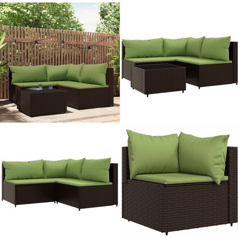 Salon de jardin 4 pcs avec coussins Marron Résine tressée - Canapé d'angle - Canapé central (1/5)