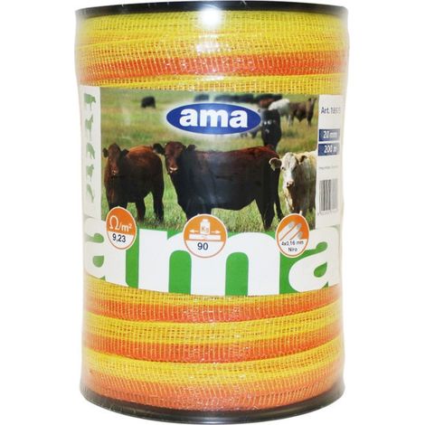 Lem Select – Ruban de clôture en fibre acier 20 mm – Longueur 200 m – Conducteurs 4 x Ø 0,16 mm – Couleur jaune-orange pour visibilité