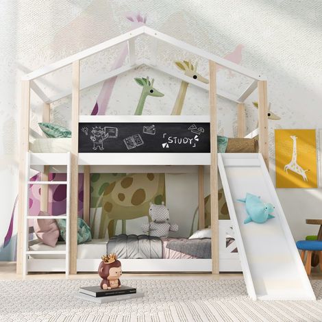Lit Mezzanine Cabane Enfant 90x200 avec Toboggan et Échelle - 2 Sommiers à Lattes - Naturel/Blanc - Sécurité (sans Matelas) (1/5)