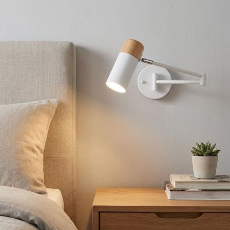 1 - Wandleuchte - Schwenkarmleuchte - Nordisches Design aus Holz und Aluminium - 360° verstellbare Beleuchtung zum Lesen und für stimmungsvolles Licht - Für Wohnzimmer, Schlafzimmer, Büro - Weiß - 25 (1/5)