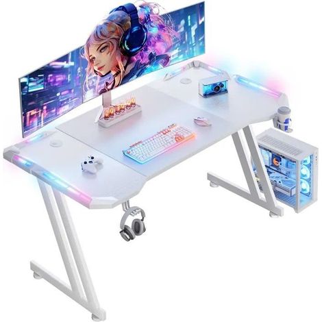 EcoFurnix Gaming Desk 120 x 60 x 74 cm with LED, white, ergonomic and scratch-resistant