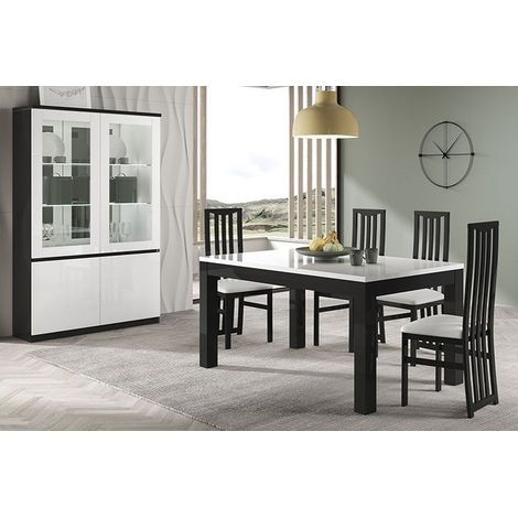 DEYTON - Ensemble Séjour Laqué Noir et Blanc Table 190cm + Vitrine avec Leds (1/4)