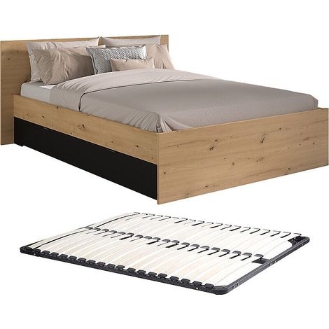 Lit avec 2 tiroirs 140 x 190/200 cm - Coloris : Naturel et noir + Sommier - VARLY