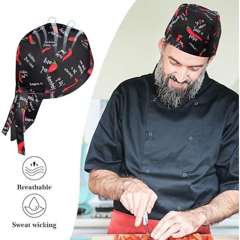 Juego de 3 gorros de chef creativos con diferentes estampados: gorros de trabajo cómodos y transpirables para el personal de cocina. (1/4)