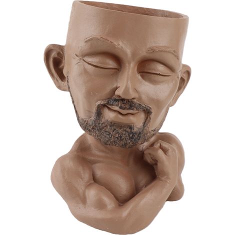 Blumentopf in Form eines Männergesichts mit Abflussloch, Blumentopf, der einen muskulösen Mann darstellt, für Wohnzimmer, Flur oder kaffeefarbenes Zimmer. (1/5)