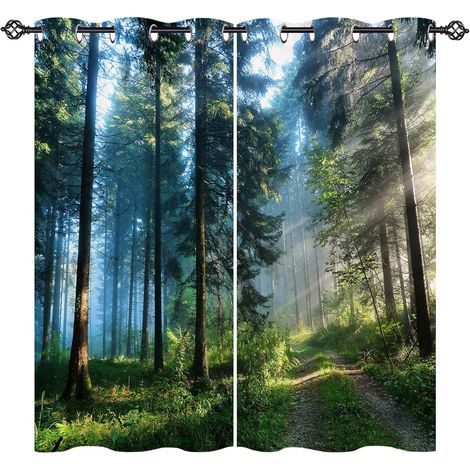 Rideau Occultant Brumeux Jungle Forêt Arbre Rideau Thermique Isolant Draperies Intérieurs Tenture Opaque à Oeillets pour Maison Chambre Salon Fenetre 2 Pièces L 117 x H 138 cm - 117L X 138H cm (2 Pann (1/5)