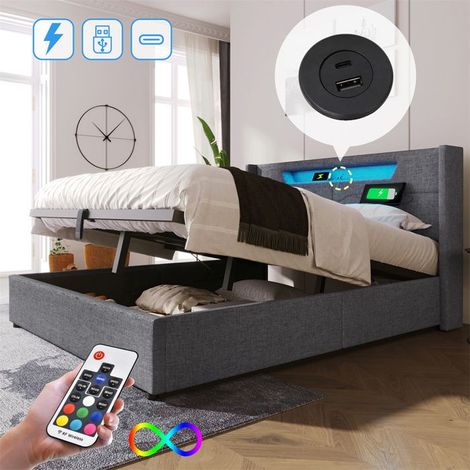 Lit rembourré 160x200 gris en lin LED, charge USB Type-C, sommier à lattes et coffre, 2 places (sans matelas) (1/5)