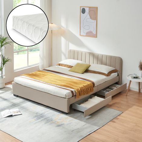 Letto Francese Nofrenna con Materasso 140x200 cm 4 Cassetti e Testiera - Beige [en.casa]