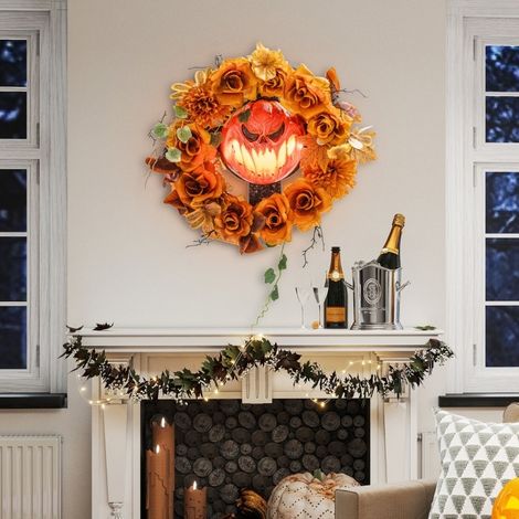 Corona di Halloween 44 cm arancione con 44 LED tremolanti e zucca decorativa (1/5)