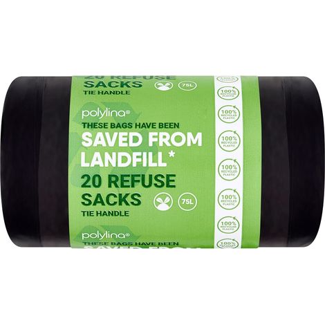 Sacs poubelle, 75 litres, 20 sacs poubelle noirs avec poignée à nouer, sacs poubelle 100% plastique recyclé, usage quotidien, ménage, bureau et déchets de cuisine (1/5)