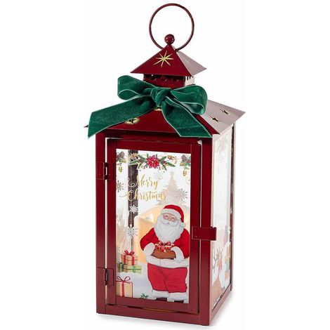 Lanterne di Natale in metallo con stampa a tema, candela LED con fiamma in movimento e fiocco in velluto, cm14x14x29H (con gancio32)