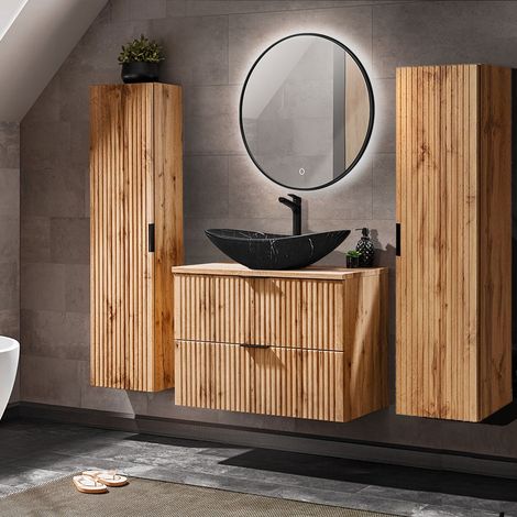 Badmöbel Komplett-Set Wotaneiche mit Rillenoptik 80 cm Waschtisch-Unterschrank mit Keramik Waschbecken 2 Hochschränke LED-Spiegel (1/5)