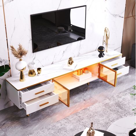 Mobile TV 170x37x47.5 cm bianco in pannelli di particelle con LED, 4 cassetti ondulati e 2 ante in vetro temprato (1/5)