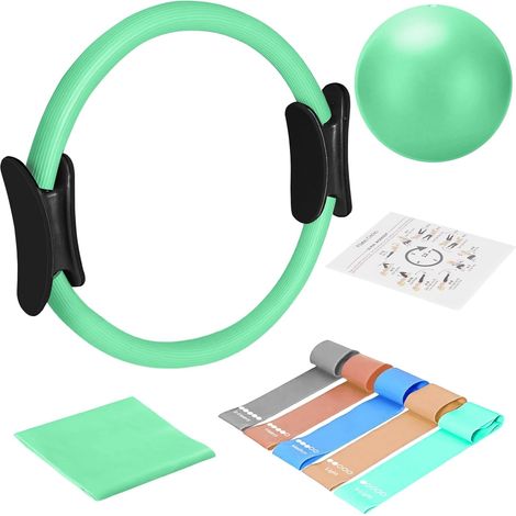 Lot d'anneaux de pilates – Cercle magique anti-déformation avec poignées rembourrées, mini balle, 5 bandes de résistance, guide, équipement Pilates pour entraînement à domicile (1/5)