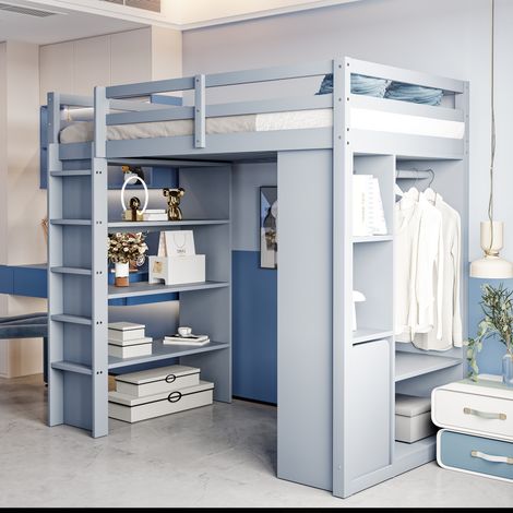 Letto a Soppalco 90x200 cm, con Carrello Organizzatore Estraibile e Ripiani Multipli, Struttura in Legno, Grigio(Senza Materasso)