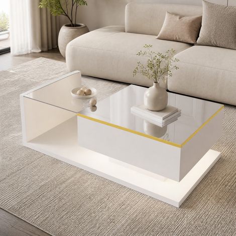 Tavolino da caffè 100 x 50 x 32,5 cm con LED, vetro temperato, bianco lucido DESVIAE (1/5)