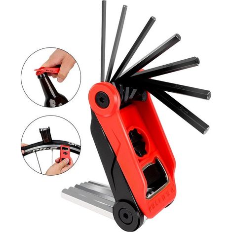 Fahrradwerkzeugset, Fahrradreparatur, Sechskantschlüssel, Flaschenöffner, Reifenheber, Multitool-Set, MTB-Rennrad-Reparaturwerkzeug (rot/schwarz) (1/5)