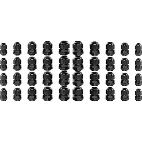 Kabelverschraubungen – Packung mit 40 wasserdichten Kunststoff-Kabelverschraubungen 3,5–13 mm, Kabelschutzdichtungen, PG 7/9/11/13,5/16, schwarz