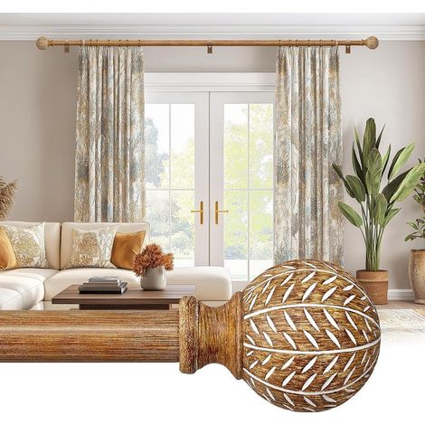 Tringle à rideaux extensible 80-148 cm, 25 mm, en métal, aspect bois, style bohème, embouts décoratifs, avec supports, charge lourde, pour fenêtre, salon et chambre à coucher (1/5)