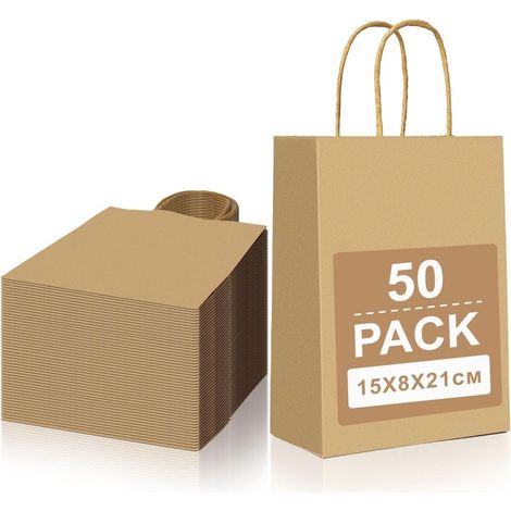 Set mit 50 kleinen Kraftpapiertüten mit Henkeln, braune Geschenktüten 15 x 8 x 21 cm, Papiergeschenktüten, Kraftpapiertüten für Partys, Weihnachten, Hochzeiten, Geburtstage (1/5)