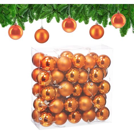 Relaxdays Boule de Noël, lot pratique de 50, plastique robuste, pour décorer le sapin, diamètre : 6 cm, orange (1/5)