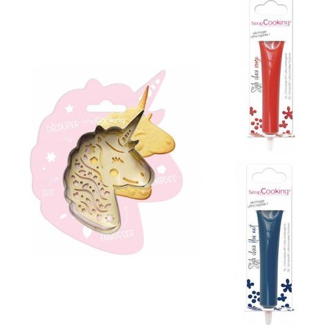 Kit pour biscuit en relief Licorne + 2 Stylos au chocolat rouge et bleu nuit