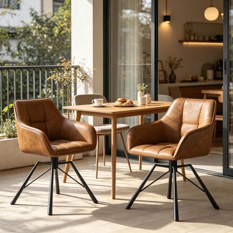 Lot de 2 chaises de salle à manger pivotantes 360° avec accoudoirs, simili cuir marron clair (1/5)
