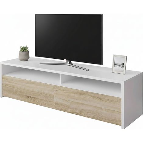 Dmora TV-Ständer Henderson, Sideboard für Wohnzimmerfernseher mit 2 Türen, Fernsehtisch, Niedriges modernes Wohnzimmerbuffet, cm 130x40h36, Glänzend Weiß
