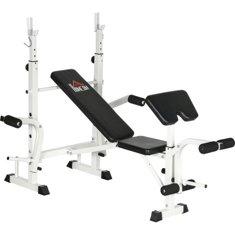 Panca per sollevamento pesi, supporto per bilanciere e corrimano con funzione leg press per un allenamento di forza efficace combinazione di colori bianco e nero spedizione in loco. (1/5)