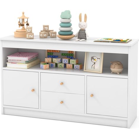 Goplus – Coffre de rangement en bois pour enfants 106x30x62 cm – 2 tiroirs, 2 armoires fermées, compartiment ouvert – Design élégant pour chambre et bureau (1/5)