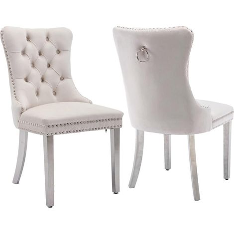 Lot de 2 chaises de salle à manger en velours beige, dossier haut, pieds inox argentés (1/5)