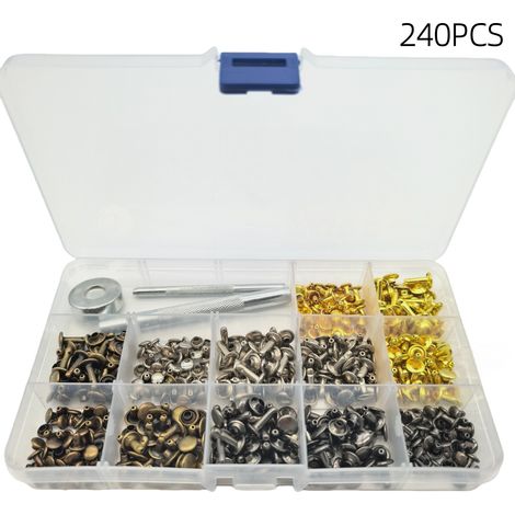 Kit de 240 pièces de rivets décoratifs DIY à double face, 4 couleurs et 3 tailles, pour maroquinerie : rivets mâles et femelles à enfoncer (1/5)