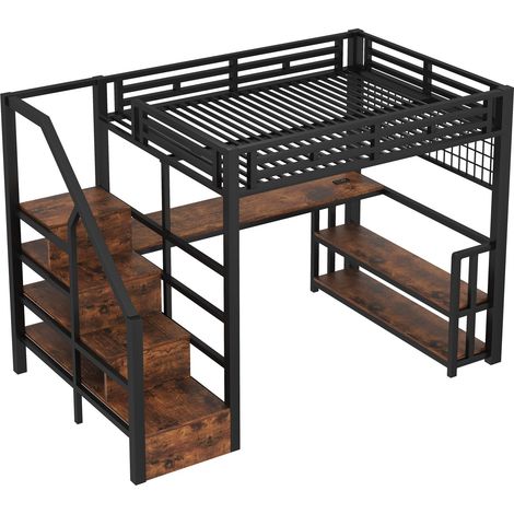Cama alta 140 x 200 cm negra con escritorio, estante, LED y puertos USB/Type-C (1/5)